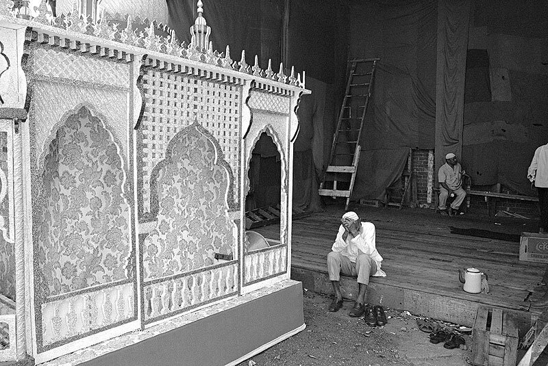 Devotee with pagoda. Muharram celebrations. Stratford road. 1981