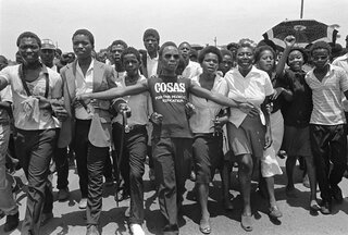 Student marching to funeral of COSAS leader. KwaMashu, 1981